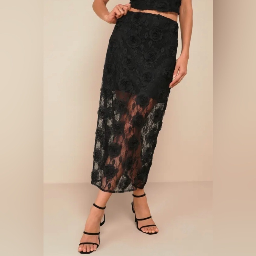 NEW with tags (NWT) Lulus Undeniable Effect Black Sheer Lace Rosette Midi Skirt